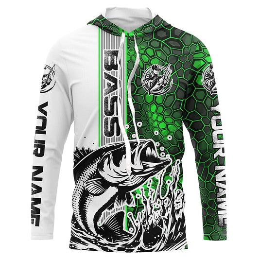 Maxcorners Largemouth Bass Fishing Custom Long Sleeve Tournament Shirts, Bass Fishing Jerseys | Green Camo LM0201