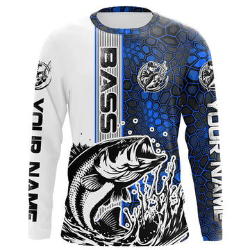 Maxcorners Largemouth Bass Fishing Custom Long Sleeve Tournament Shirts, Bass Fishing Jerseys | Water Blue Camo LM0201