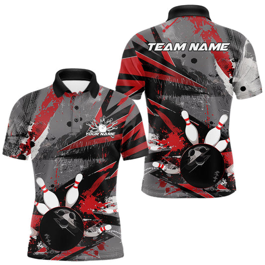 Maxcorners Custom Grunge Red Bowling Polo Shirts For Men, Vintage Bowling Team Shirts LM1203