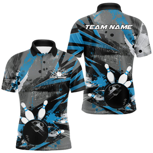 Maxcorners Custom Grunge Blue Bowling Polo Shirts For Men, Vintage Bowling Team Shirts LM1203