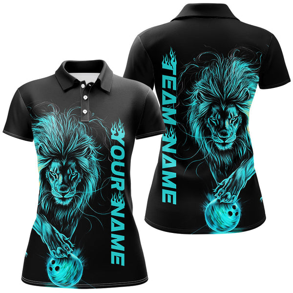 Maxcorners Cyan Lion Bowling Jersey Customized Name, Team Name 3D Polo Shirt