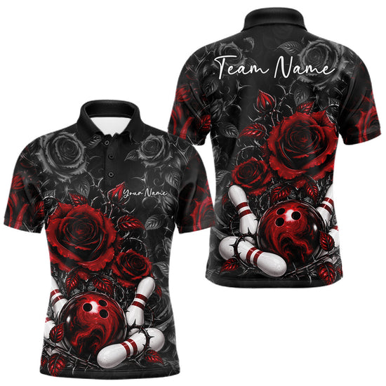 Maxcorners Custom Red Roses Bowling Team Shirt, Flower Bowling Lover Men Polo Shirt Bowlers Gift