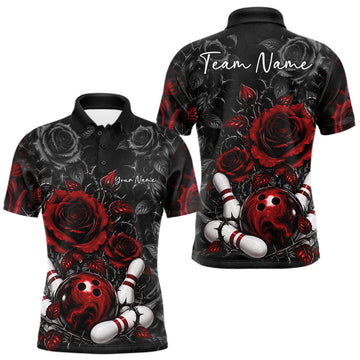 Maxcorners Custom Red Roses Bowling Team Shirt, Flower Bowling Lover Men Polo Shirt Bowlers Gift