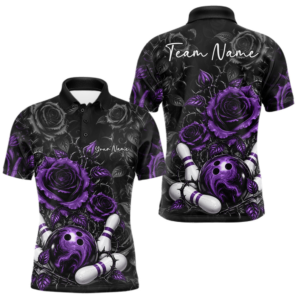 Maxcorners Custom Purple Roses Bowling Team Shirt, Flower Bowling Lover Men Polo Shirt Bowlers Gift