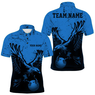 Maxcorners Custom Royal Blue Eagle Bowling Men Polo Shirt, Grunge Bowling Jersey Team Uniform