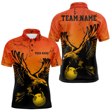 Maxcorners Custom Orange And Yellow Eagle Bowling Men Polo, Grunge Bowling Jersey Team Uniform