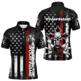 Maxcorners Red Thin Line Us Flag Patriotic Bowling Custom Faith Skull Bowling Polo Shirts For Men