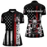 Maxcorners Red Thin Line Us Flag Patriotic Bowling Custom Faith Skull Bowling Polo Shirts For Men