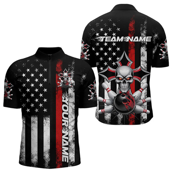 Maxcorners Red Thin Line Us Flag Patriotic Bowling Custom Faith Skull Bowling Polo Shirts For Men