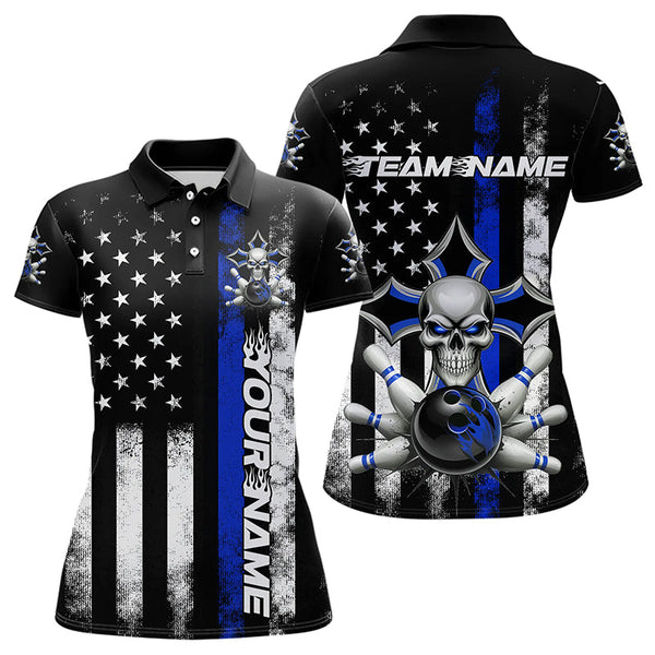 Maxcorners Blue Thin Line Us Flag Patriotic Bowling Custom Faith Skull Bowling Polo Shirts For Men