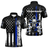 Maxcorners Blue Thin Line Us Flag Patriotic Bowling Custom Faith Skull Bowling Polo Shirts For Men