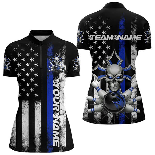 Maxcorners Blue Thin Line Us Flag Patriotic Bowling Custom Faith Skull Bowling Polo Shirts For Men