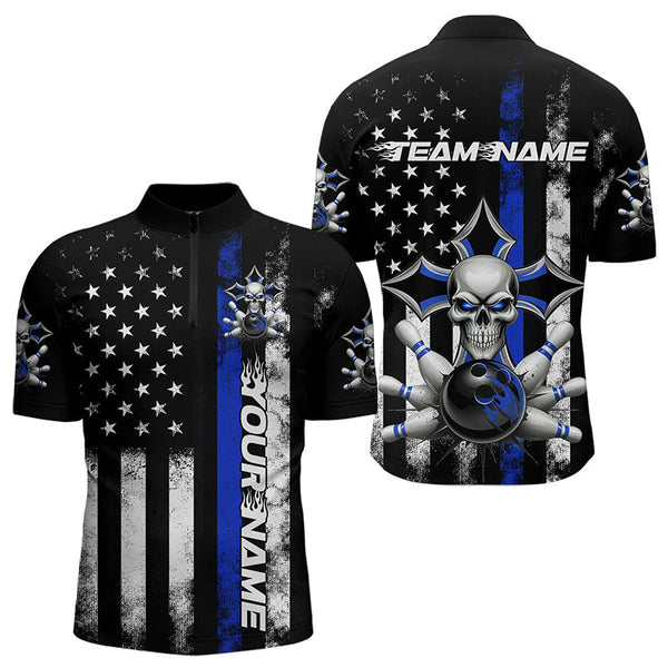 Maxcorners Blue Thin Line Us Flag Patriotic Bowling Custom Faith Skull Bowling Polo Shirts For Men