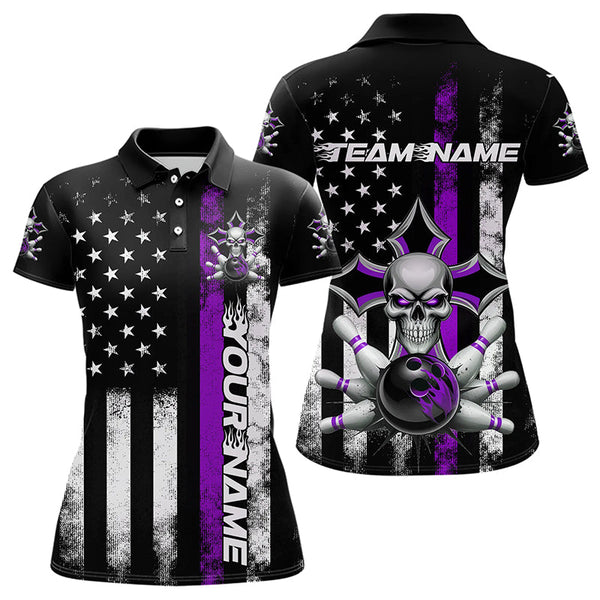 Maxcorners Purple Thin Line Us Flag Patriotic Bowling Custom Faith Skull Bowling Polo Shirts For Men