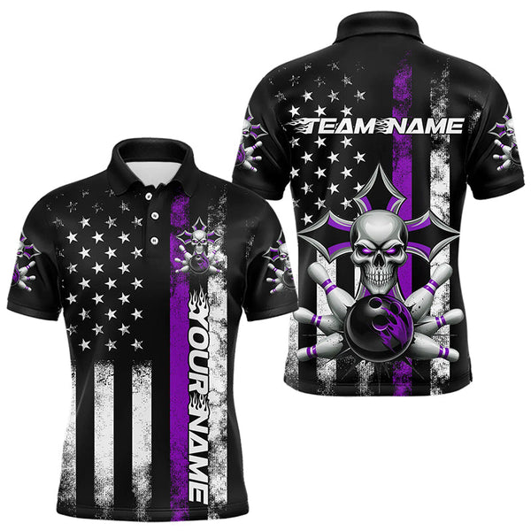 Maxcorners Purple Thin Line Us Flag Patriotic Bowling Custom Faith Skull Bowling Polo Shirts For Men