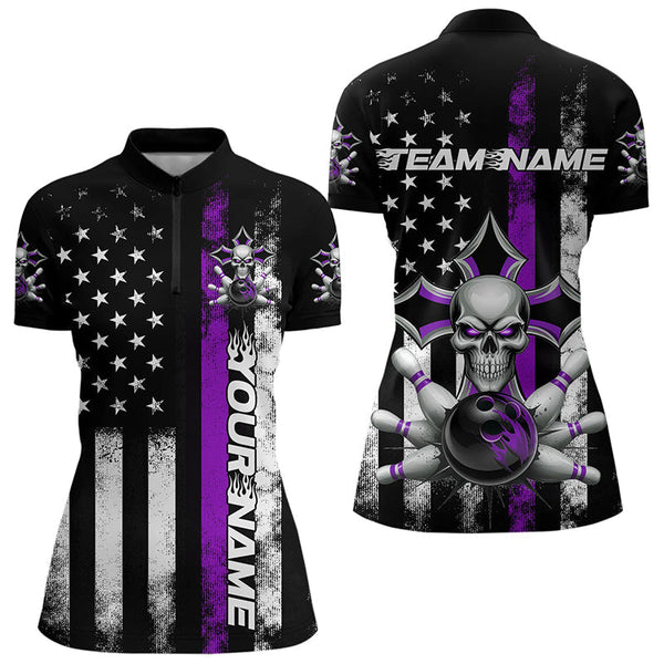 Maxcorners Purple Thin Line Us Flag Patriotic Bowling Custom Faith Skull Bowling Polo Shirts For Men