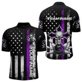 Maxcorners Purple Thin Line Us Flag Patriotic Bowling Custom Faith Skull Bowling Polo Shirts For Men