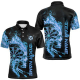 Maxcorners Custom Black And Blue Flame Skull Dart Polo Shirts For Men, Fire Dart Bowling Team Shirts