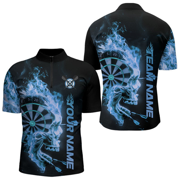 Maxcorners Custom Black And Blue Flame Skull Dart Polo Shirts For Men, Fire Dart Bowling Team Shirts