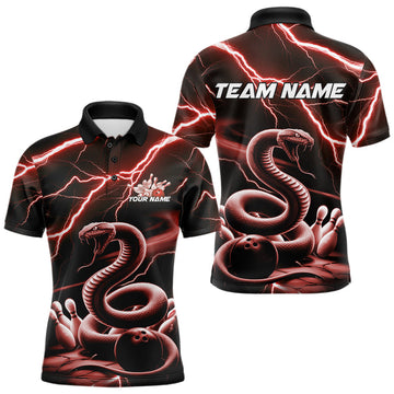 Maxcorners Custom Black And Red Thunder Lightning Snake Bowling Polo Shirts For Men, Team Outfits LM1302