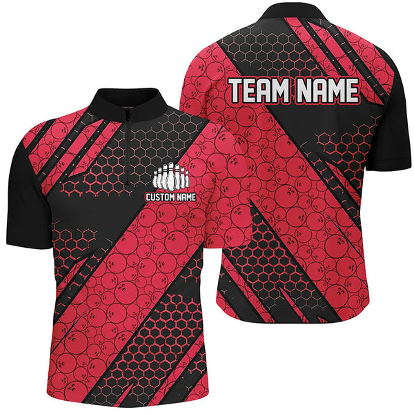 MaxCorners Bowling And Pins Ball Pattern Customized Name, Team Name 3D Stand Collar Zipper Polo Shirt For Men