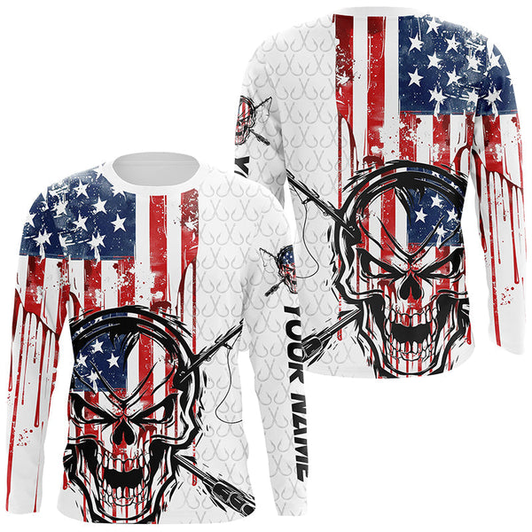 Maxcorners American Flag Fishing Skull Custom Long Sleeve Fishing Shirts, Patriotic Fishing Jerseys MT2108