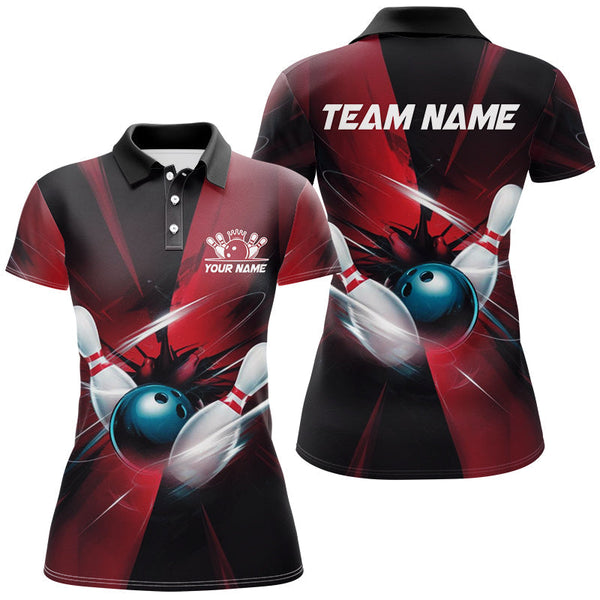 Maxcorners Black And Red Striking Bowling Jersey Customized Name, Team Name 3D Polo Shirt