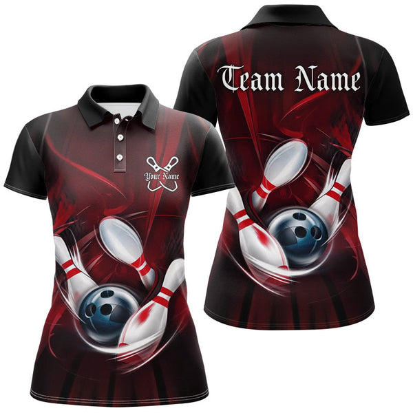 Maxcorners Black And Red  Bowling Jersey Customized Name, Team Name 3D Polo Shirt