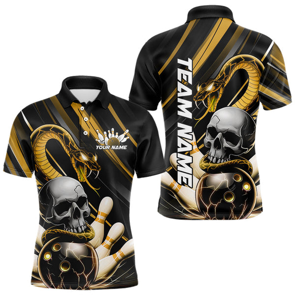 Maxcorners Custom Black And Yellow Snake Skull Bowling Polo Shirts For Men, Bowling Team Shirt