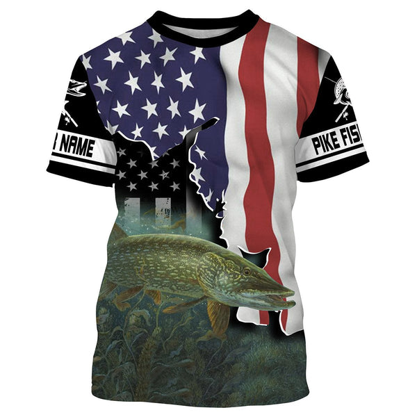 Maxcorners Northern Pike Fishing American Flag Customize Name 3D Shirts