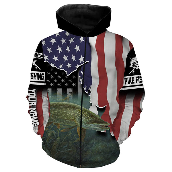 Maxcorners Northern Pike Fishing American Flag Customize Name 3D Shirts