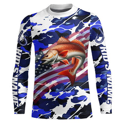 Maxcorners Redfish Fishing American Flag Blue Camo Custom Long Sleeve Shirts, Redfish Saltwater Fishing Shirts LM0501
