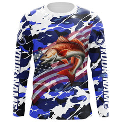 Maxcorners Redfish Fishing American Flag Blue Camo Custom Long Sleeve Shirts, Redfish Saltwater Fishing Shirts LM0501