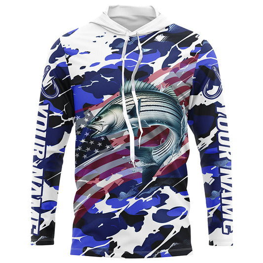 Maxcorners Striped Bass Fishing American Flag Camo Custom Long Sleeve Shirts, Striper Saltwater Fishing Shirts LM0501