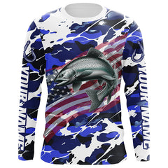 Maxcorners Chinook Salmon Fishing American Flag Camo Custom Long Sleeve Shirts, Salmon Saltwater Fishing Shirts LM0501