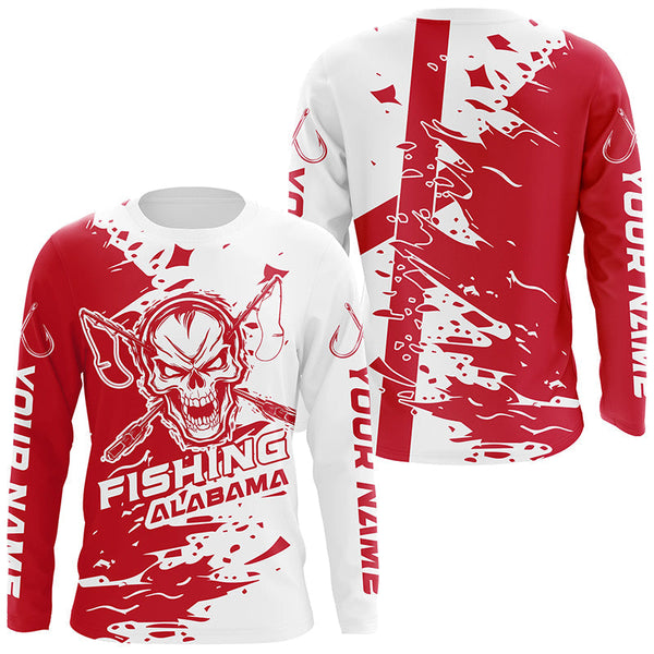 Maxcorners Alabama Fishing Custom Long Sleeve Fishing Shirts, Alabama Flag Skull Fishing Jerseys MT2108