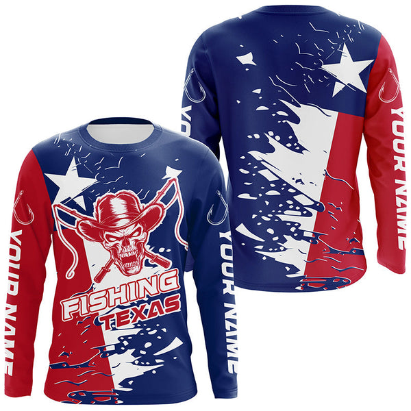 Maxcorners Texas Fishing Custom Long Sleeve Fishing Shirts, Cowboy Skull Texas Flag Fishing Jerseys MT2108