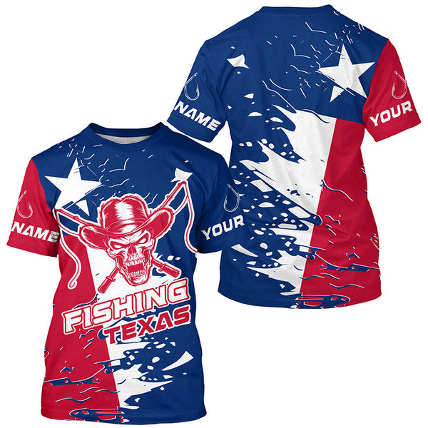 Maxcorners Texas Fishing Custom Long Sleeve Fishing Shirts, Cowboy Skull Texas Flag Fishing Jerseys MT2108