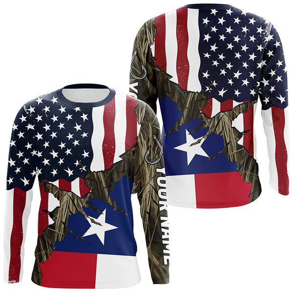 Maxcorners American Texas Flag Custom Long Sleeve Fishing Shirts, Patriotic Camouflage Fishing Shirts MT2108