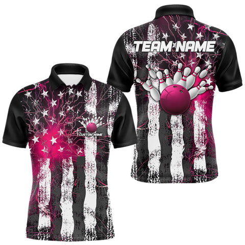 Maxcorners Pink Lightning US Flag Custom Bowling Team Jerseys, Patriotic Bowling Polo Shirt For Men MT2009