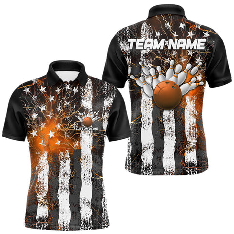 Maxcorners Orange Lightning US Flag Custom Bowling Team Jerseys, Patriotic Bowling Polo Shirt For Men MT2009