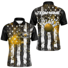 Maxcorners Yellow Lightning US Flag Custom Bowling Team Jerseys, Patriotic Bowling Polo Shirt For Men MT2009