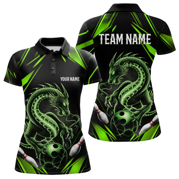 Maxcorners Custom Black And Green Dragon Bowling Polo Shirts For Men & Women, Dragon Bowling League Shirt