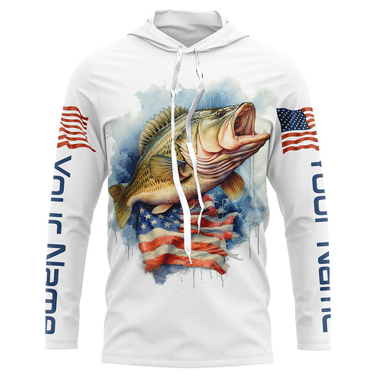 Maxcorners Bass Fishing American Flag Long Sleeve Fishing Shirts, Personalized Patriotic Bass Fishing Jerseys LM0201