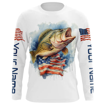 Maxcorners Bass Fishing American Flag Long Sleeve Fishing Shirts, Personalized Patriotic Bass Fishing Jerseys LM0201