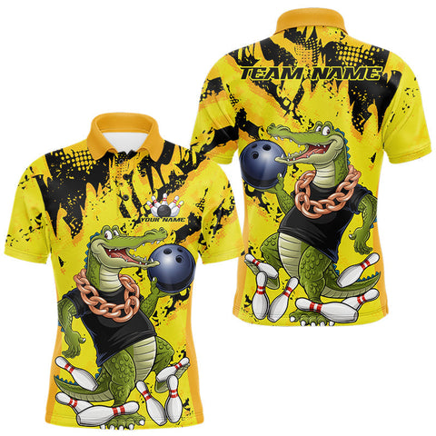 Maxcorners Custom Funny Alligator Bowling Polo Shirt For Men, Grunge Yelllow Bowling Team Jerseys TU2309