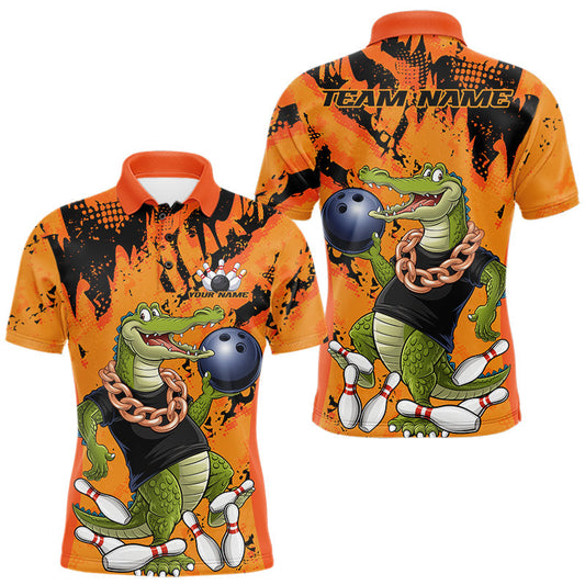 Maxcorners Custom Funny Alligator Bowling Polo Shirt For Men, Grunge Orange Bowling Team Jerseys LM1903