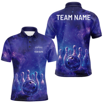 Maxcorners Custom Blue And Blue Galaxy Bowling Team Shirts For Men, Sparkling Sky Bowling Jerseys LM2201