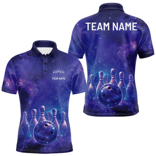 Maxcorners Custom Blue And Blue Galaxy Bowling Team Shirts For Men, Sparkling Sky Bowling Jerseys LM2201