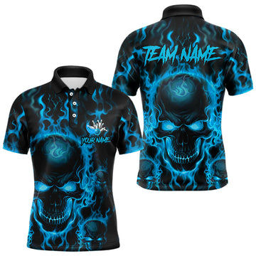 Maxcorners Bowling Skull Fire Bowling For Team Bowling Team Men And Women Polo Shirts, Bowling Pattern Outfits| Blue